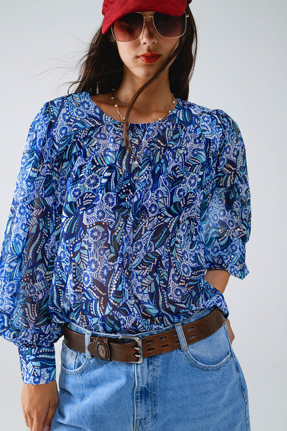 Abstract Print Blouse With Balloon Sleeves in Blue - Shirts
