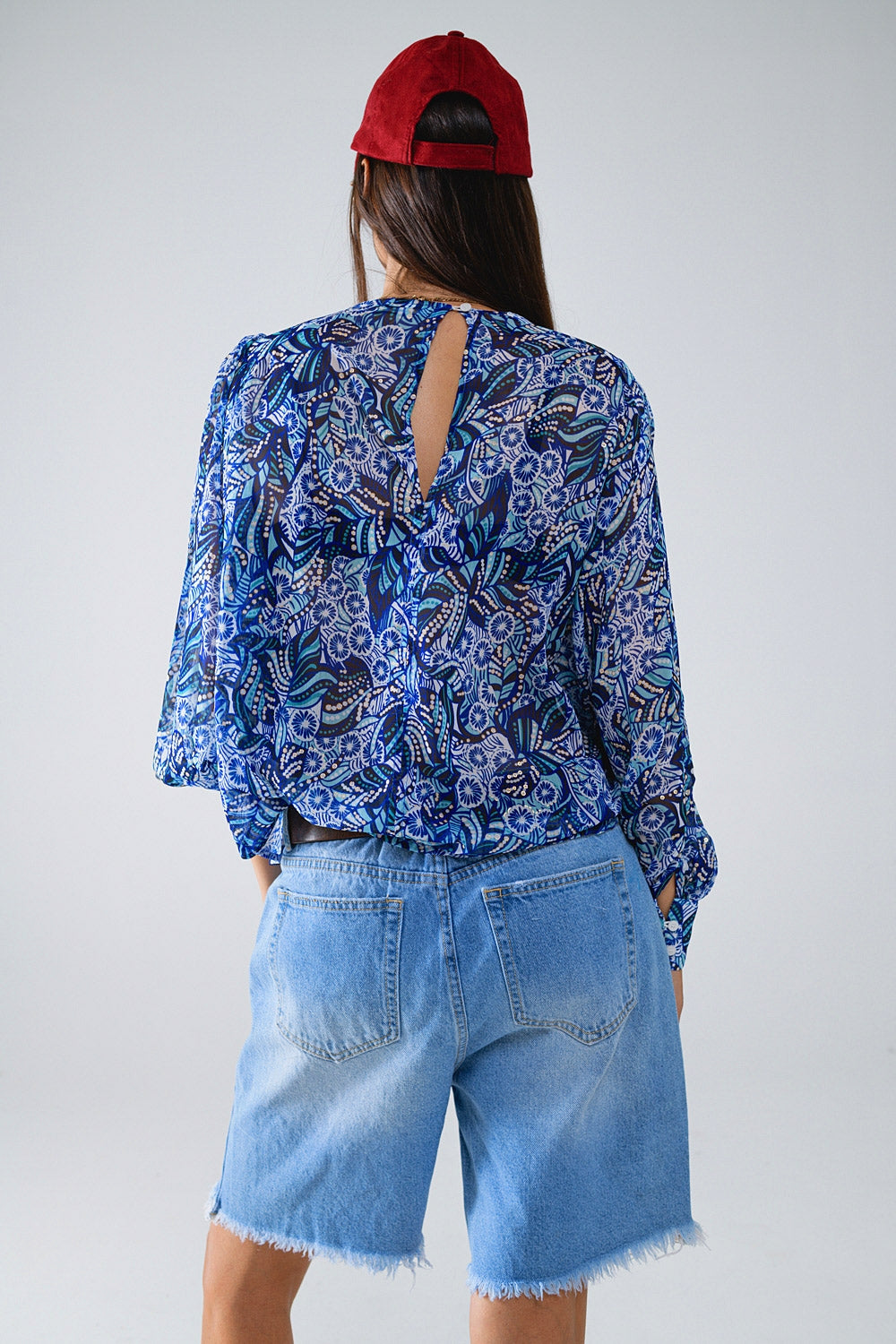 Abstract Print Blouse With Balloon Sleeves in Blue - Shirts