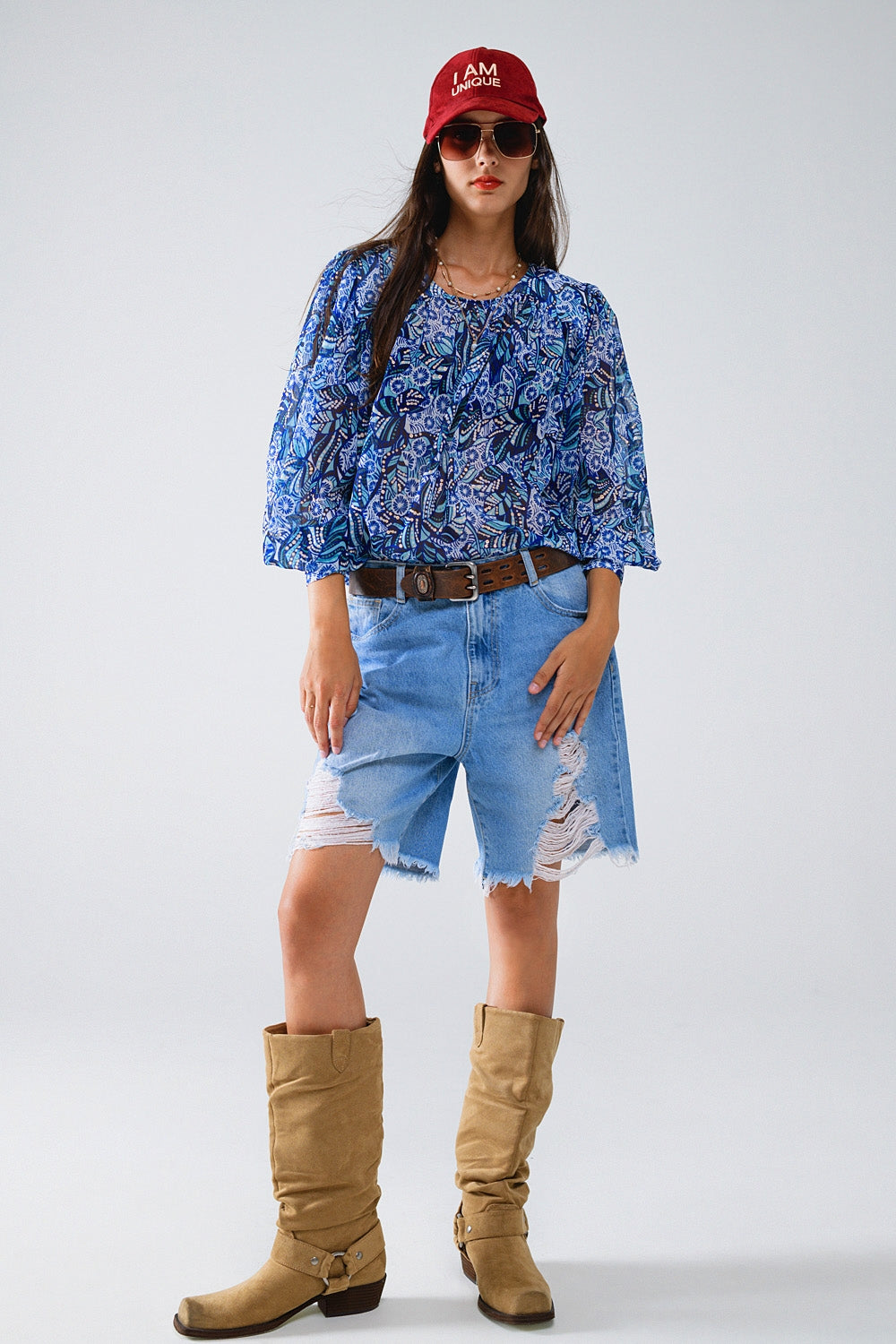 Abstract Print Blouse With Balloon Sleeves in Blue - Shirts