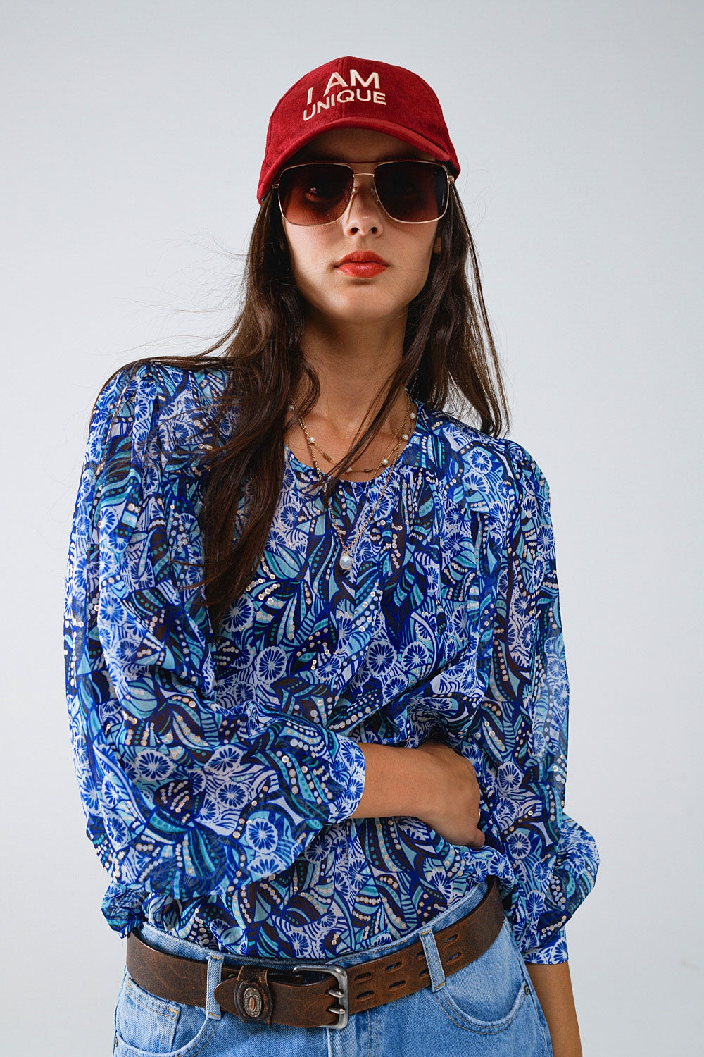 Abstract Print Blouse With Balloon Sleeves in Blue - Shirts