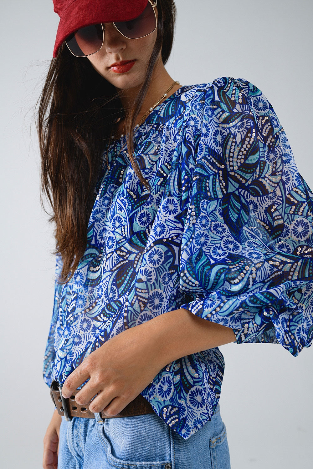 Abstract Print Blouse With Balloon Sleeves in Blue - Shirts