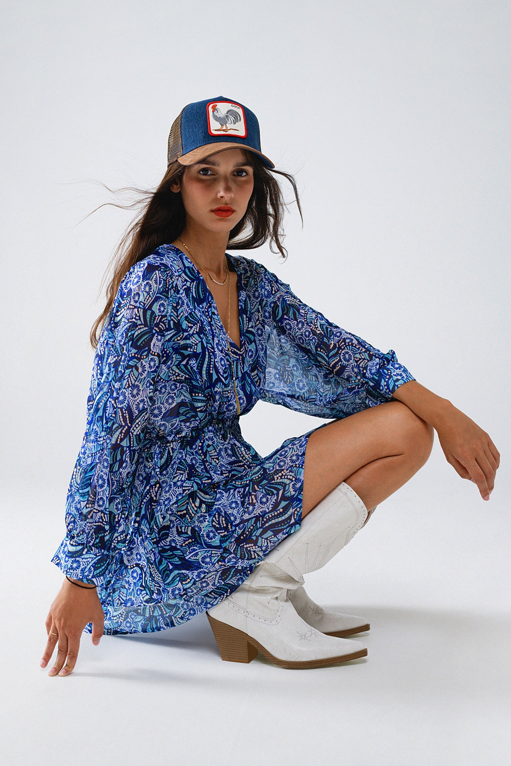 Blue abstract print short dress with adjustable waist