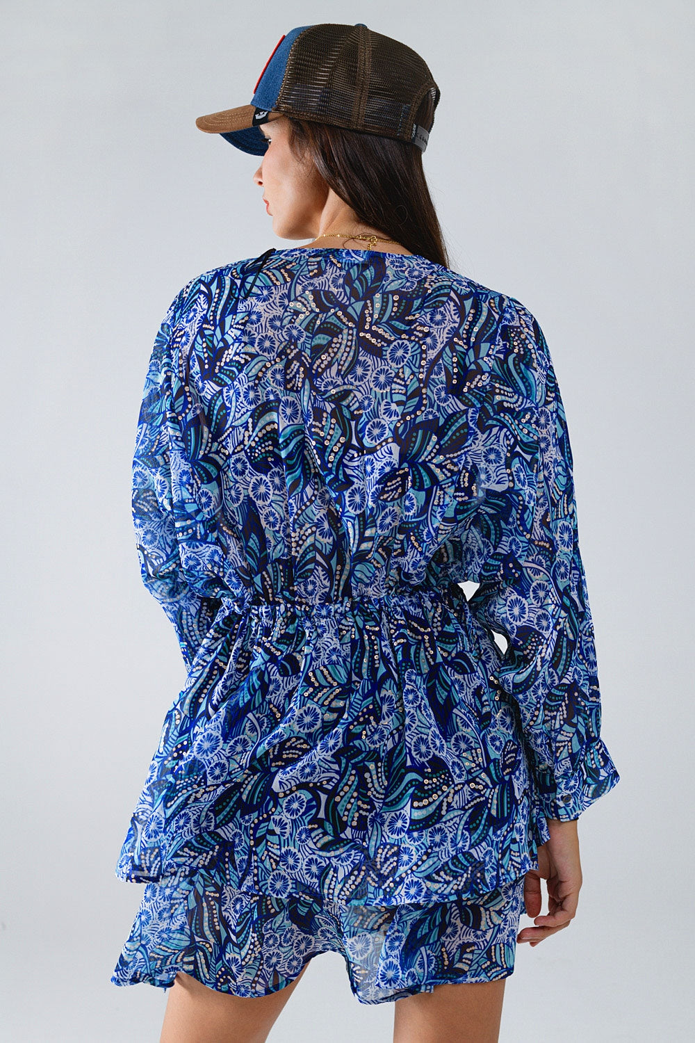 Blue abstract print short dress with adjustable waist - dress