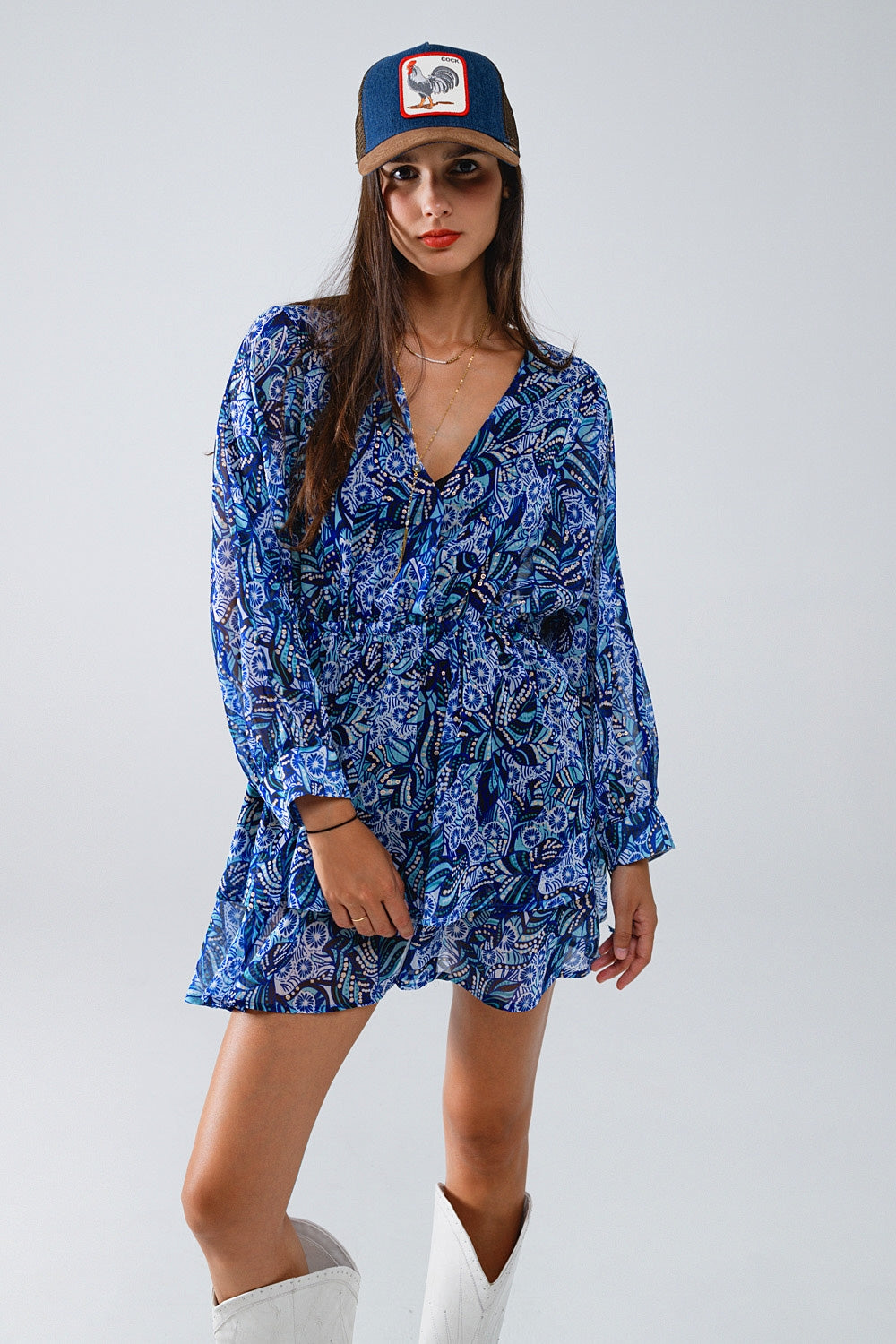 Blue abstract print short dress with adjustable waist - dress