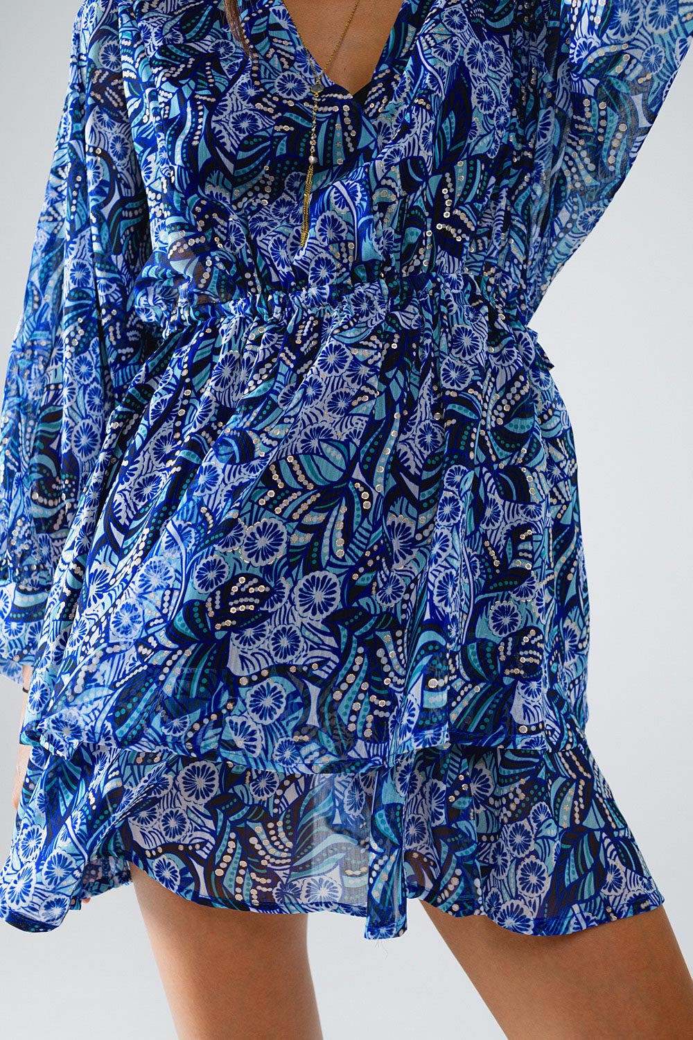 Blue abstract print short dress with adjustable waist - dress