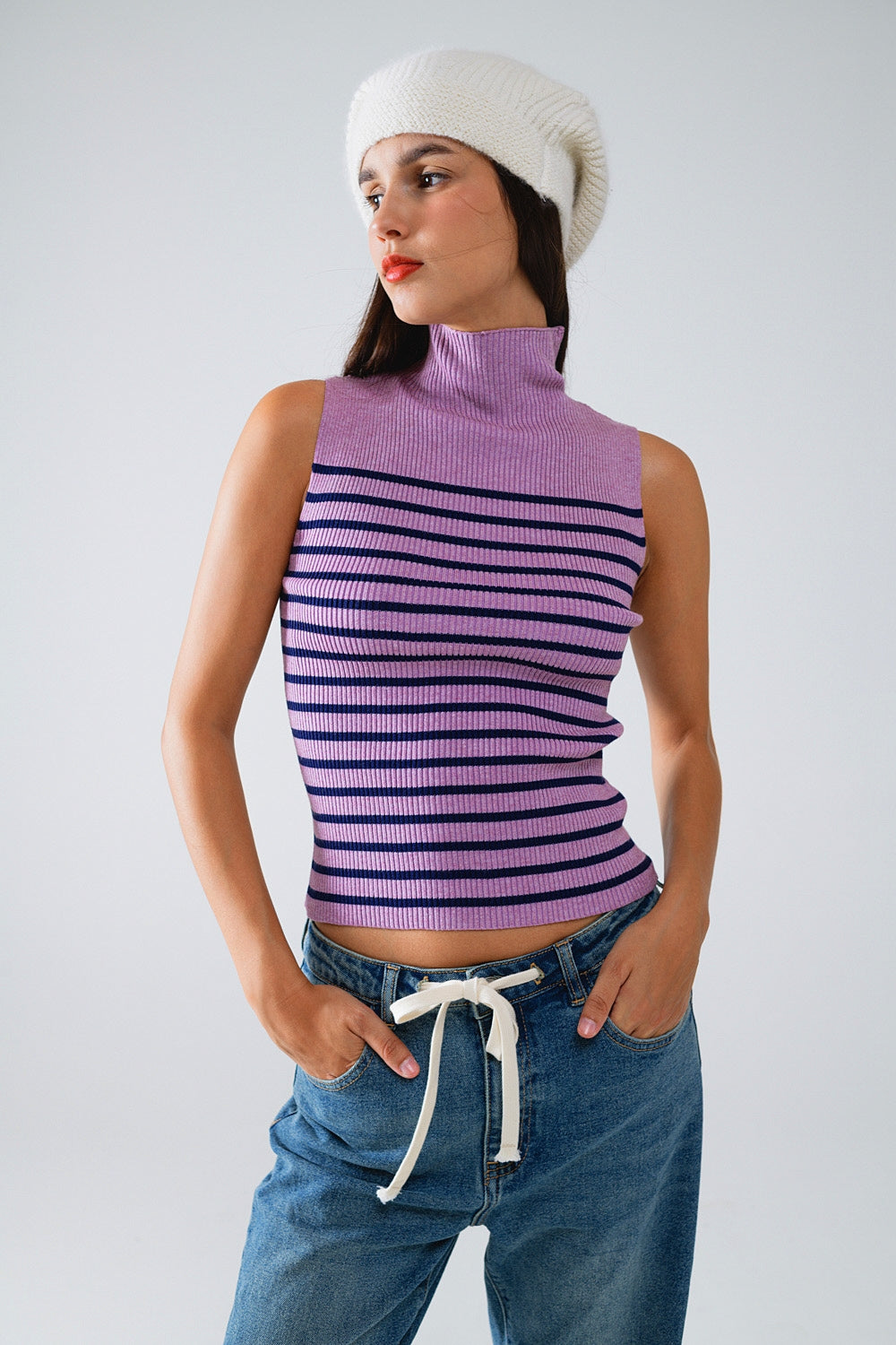 Striped Turtle Neck Tank Top In Lavander