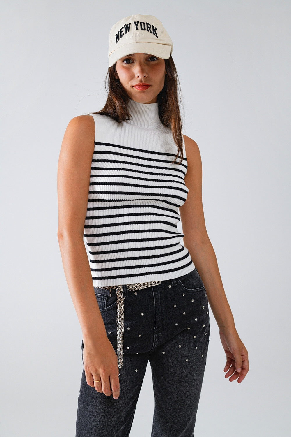 Striped Turtle Neck Tank Top In White