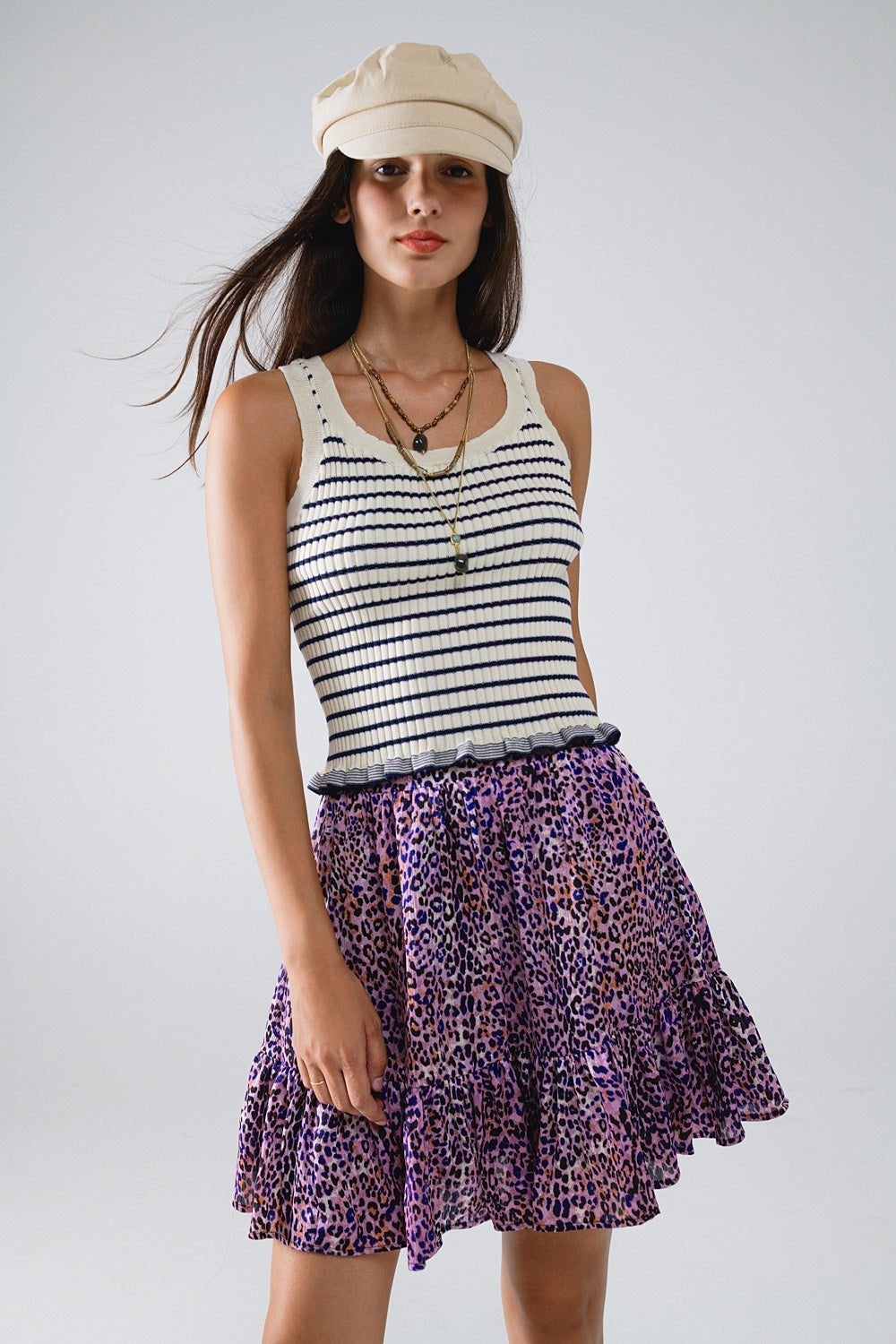 Striped Cream Tank Top With Ruffle Trim
