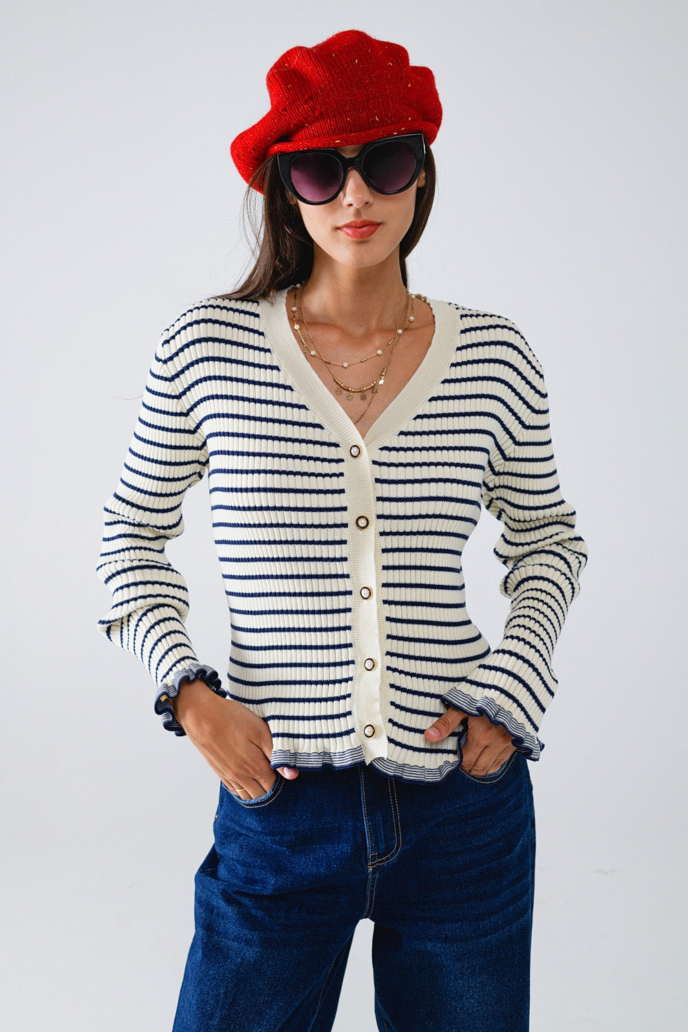 Striped Cardigan in Cream with Ruffle Trim - cardigan