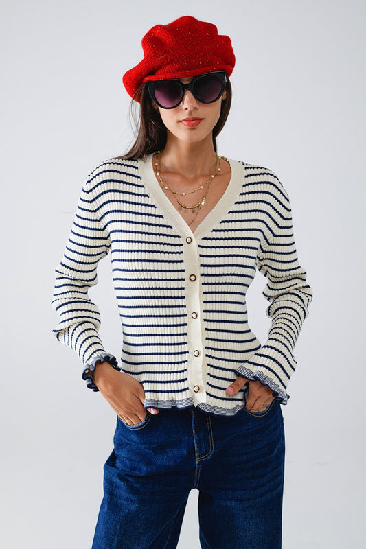 Striped Cardigan in Cream with Ruffle Trim - cardigan