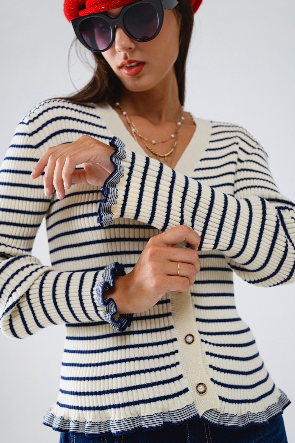 Striped Cardigan in Cream with Ruffle Trim - cardigan