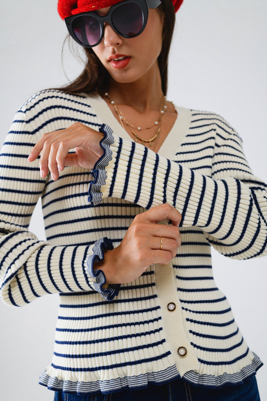 Striped Cardigan in Cream with Ruffle Trim - cardigan