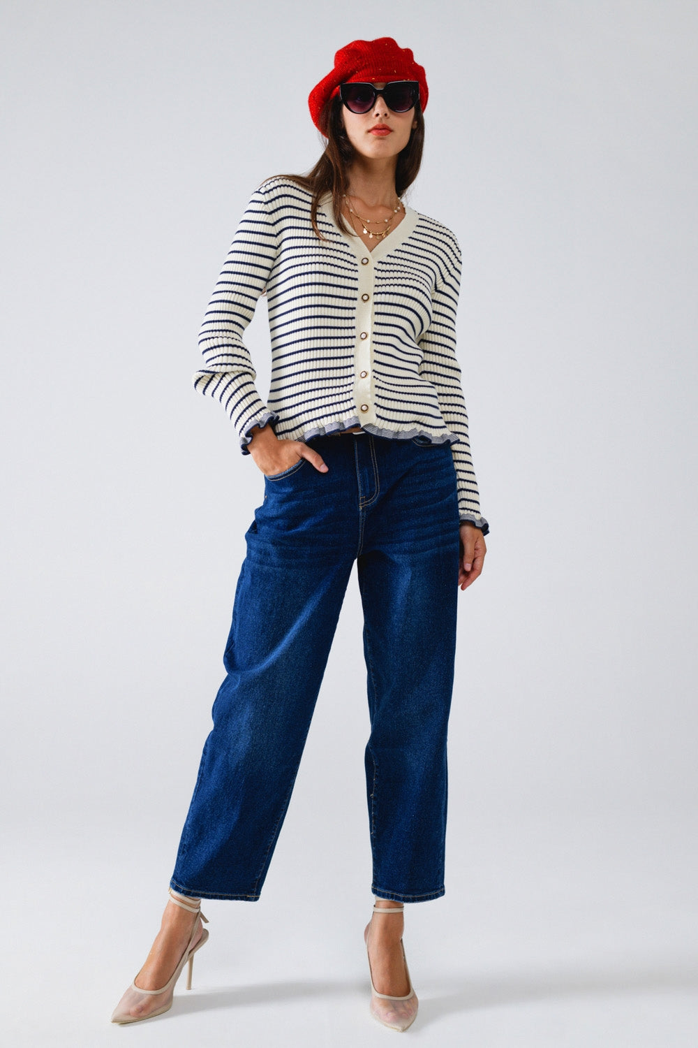 Striped Cardigan in Cream with Ruffle Trim - cardigan