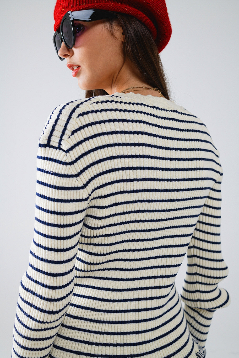Striped Cardigan in Cream with Ruffle Trim - cardigan