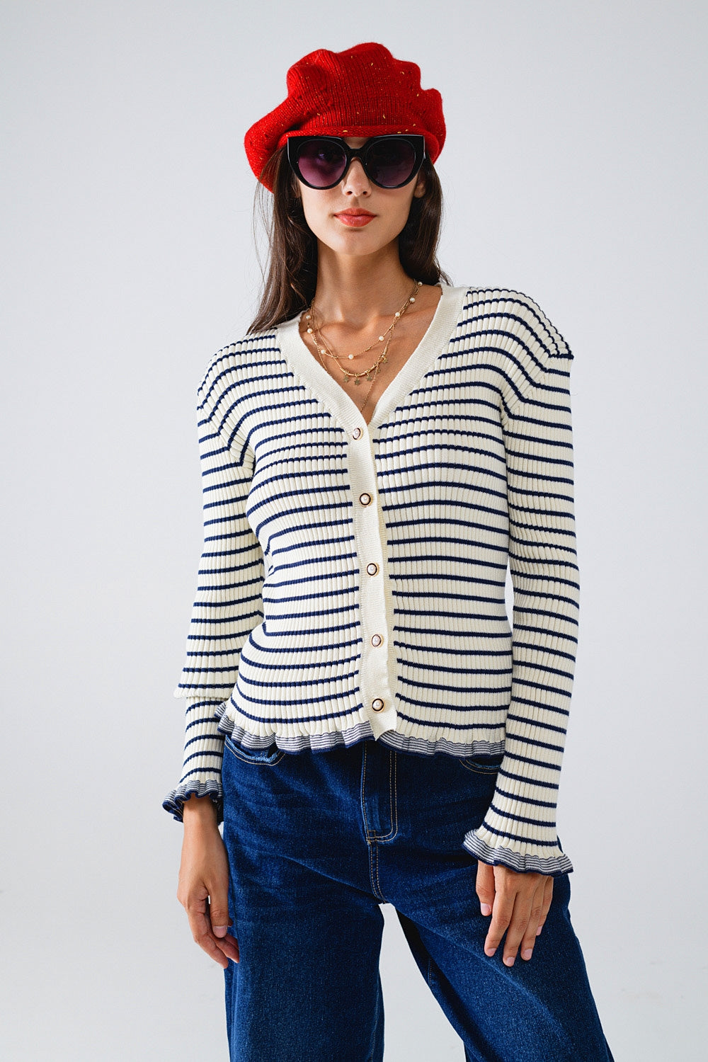Striped Cardigan in Cream with Ruffle Trim - cardigan