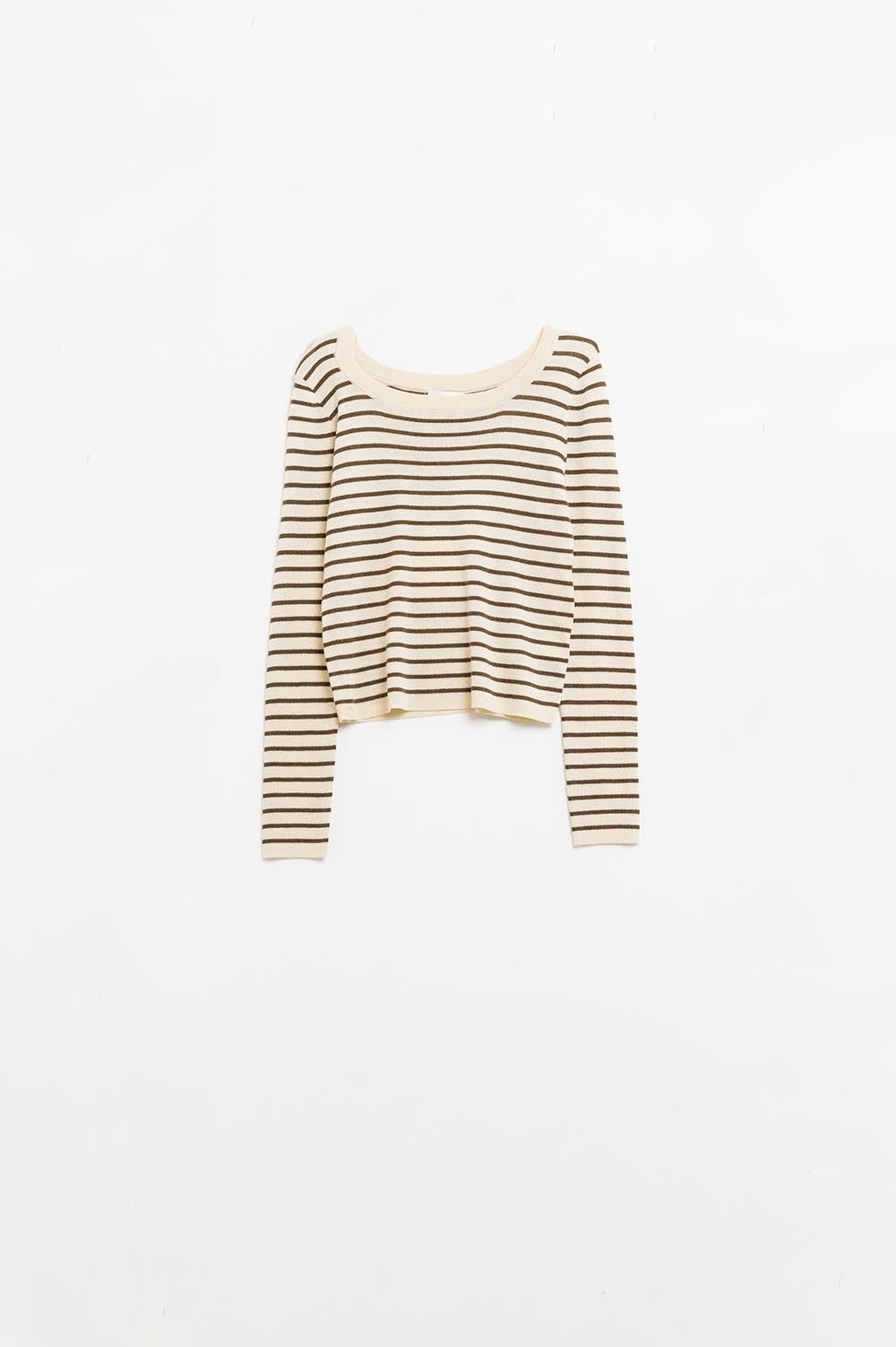 Beige striped fine knit sweater with boat neck - jumper