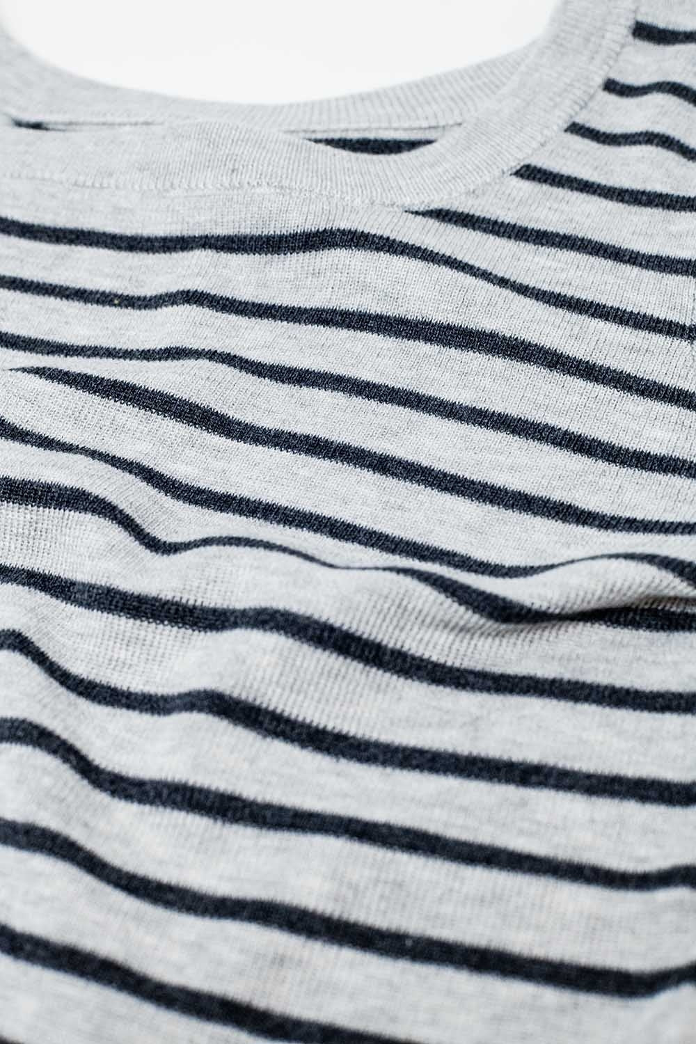 Grey striped fine knit sweater with boat neck