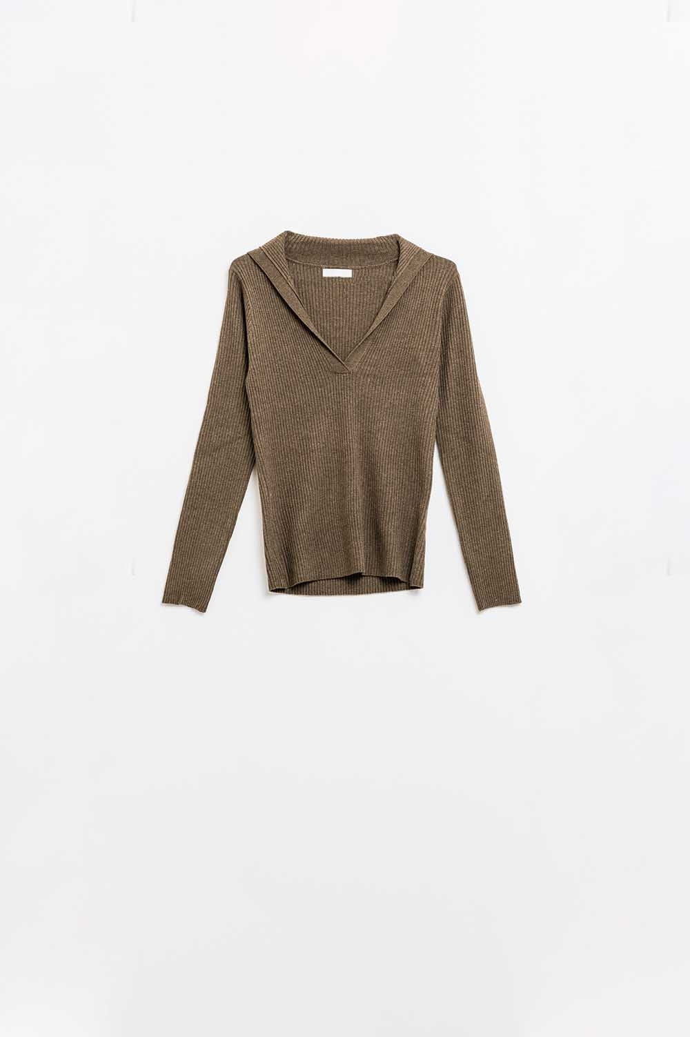 Brown Collared Rib Top With Long Sleeves