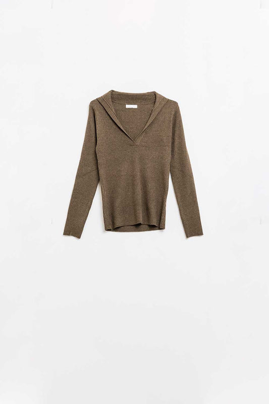 Brown Collared Rib Top With Long Sleeves