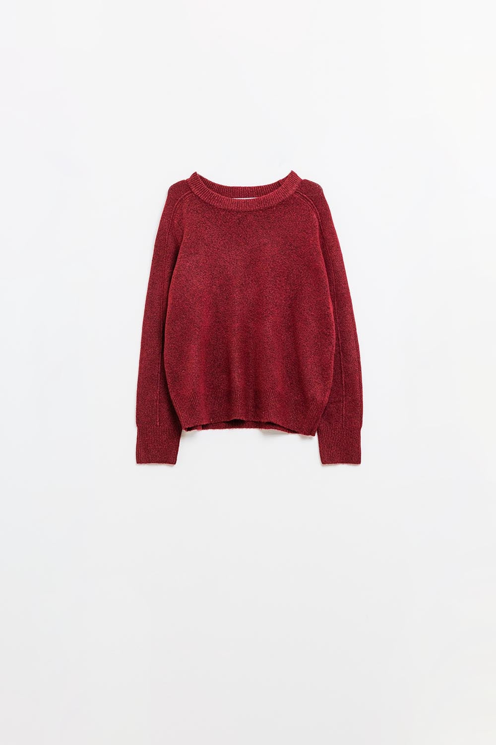 Burgundy crew neck sweater with seam detail on sleeve
