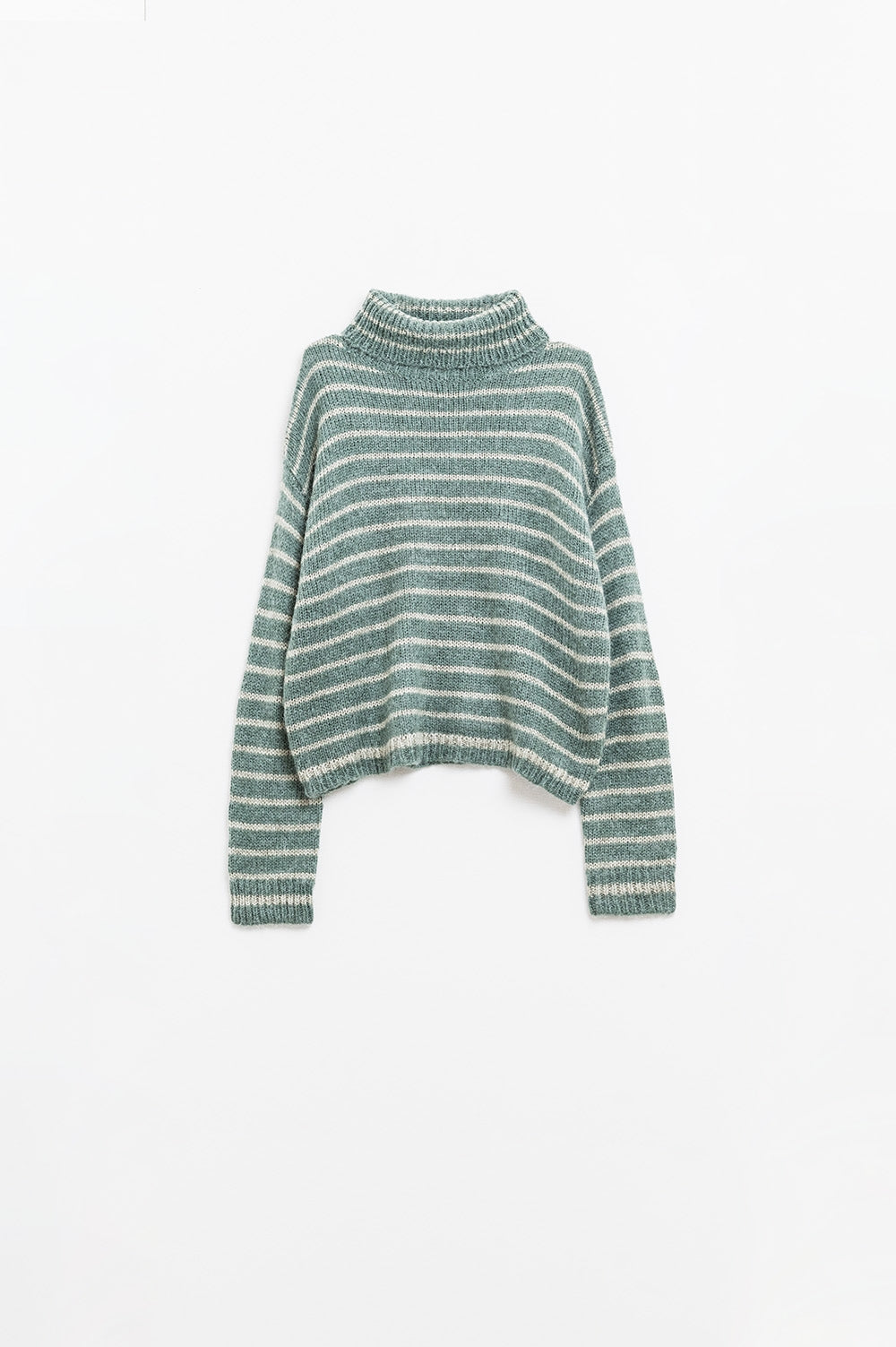 soft knit striped turtleneck sweater in green