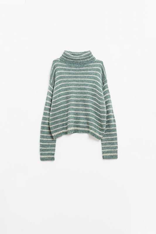 soft knit striped turtleneck sweater in green