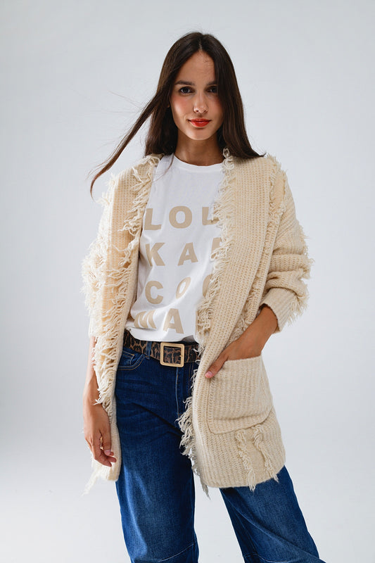 Ecru Boho Distressed Cardigan With Front Pockets