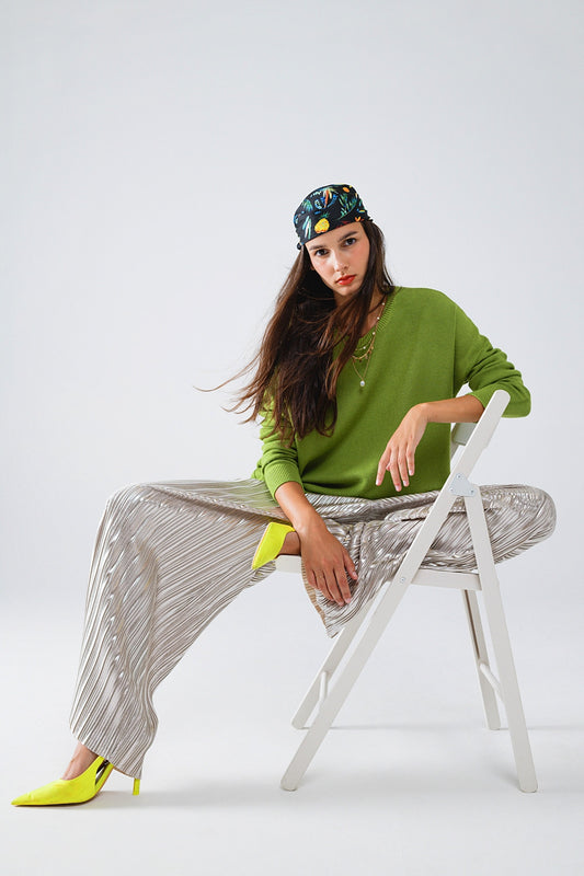 Oversized Crew Neck Long Sleeve Sweater in Olive Green - jumper