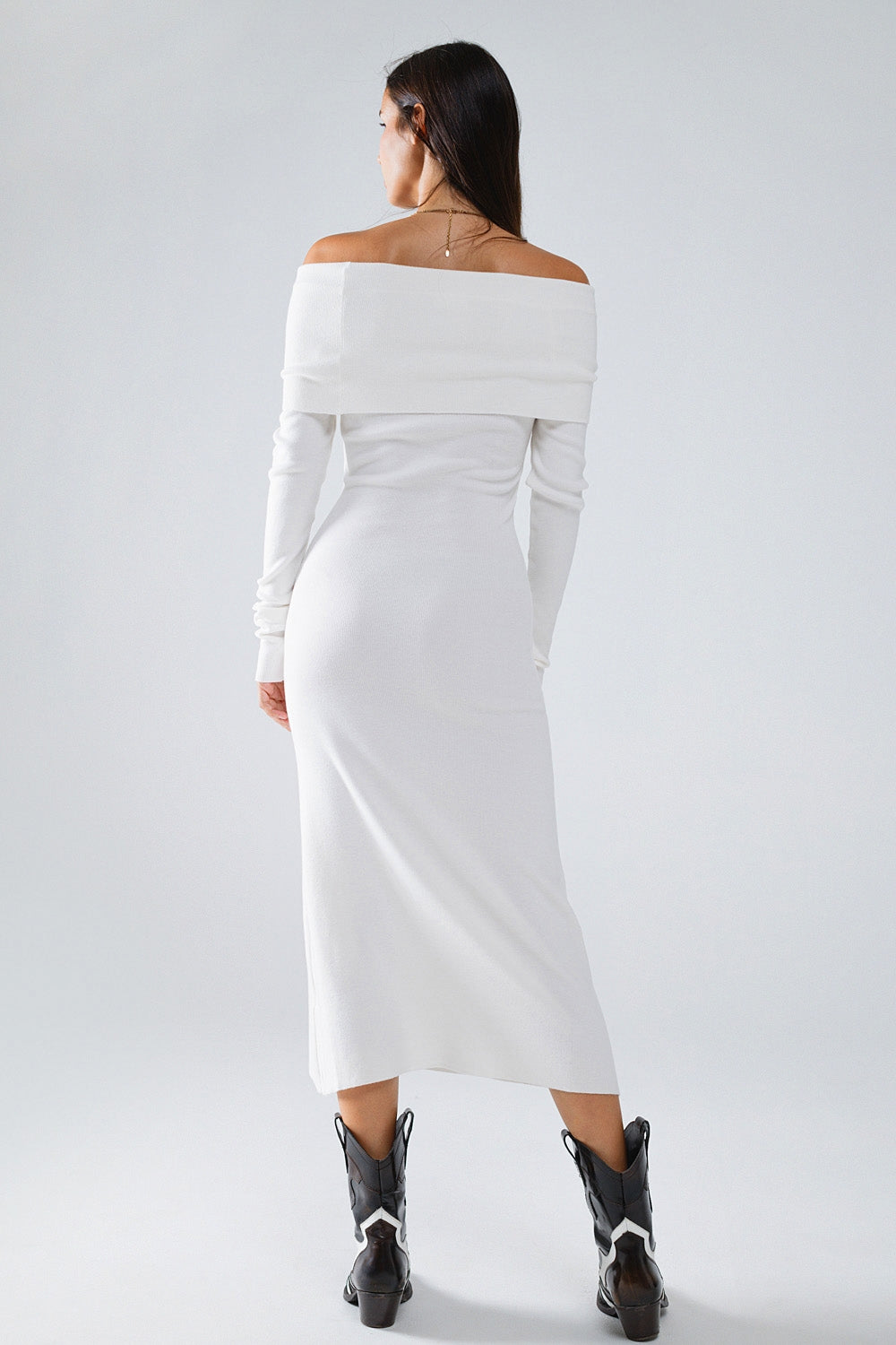 Maxi Knitted Foldover Badot Dress in white - dress, Dresses