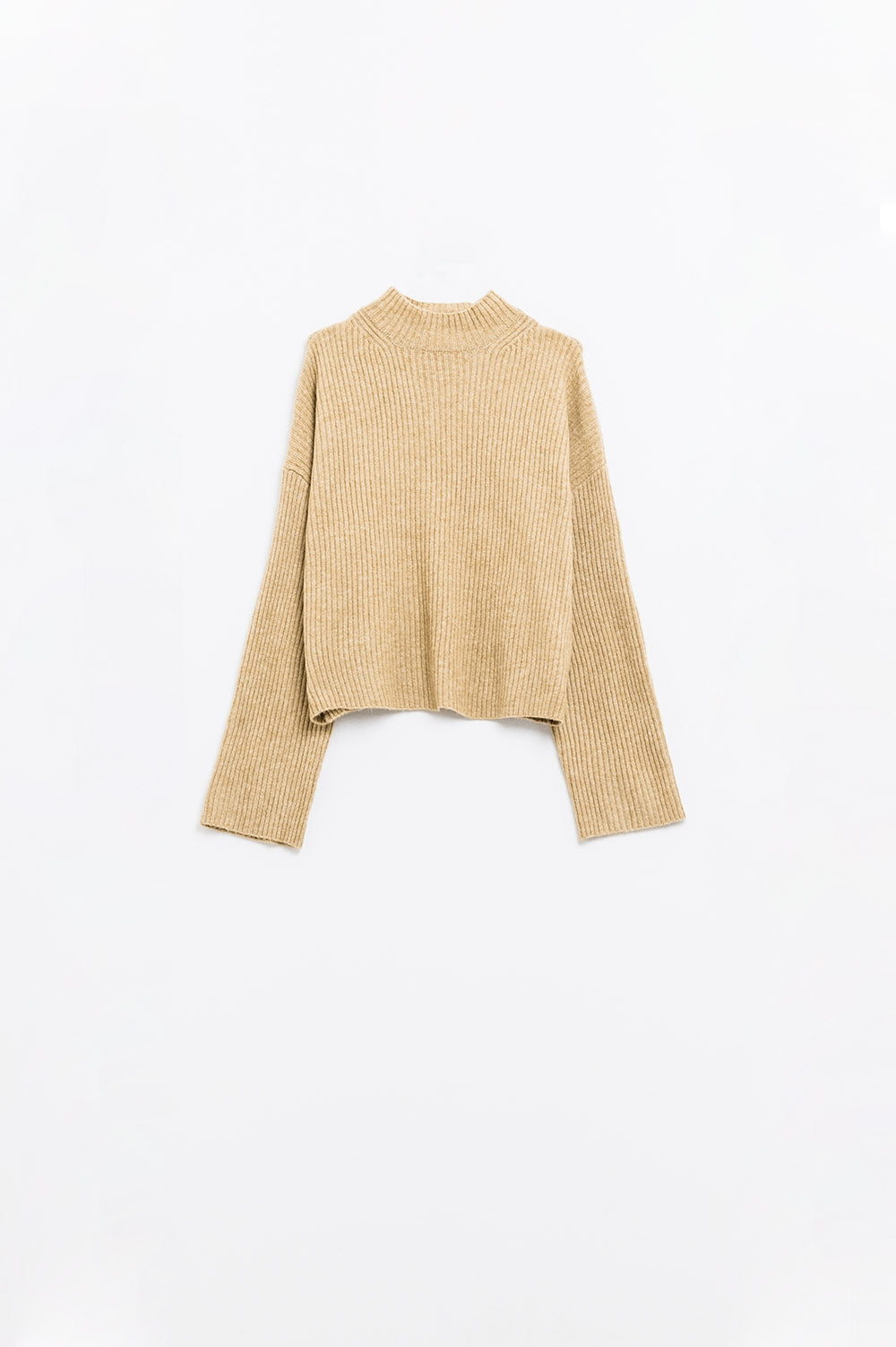 relaxed beige ribbed high neck sweater