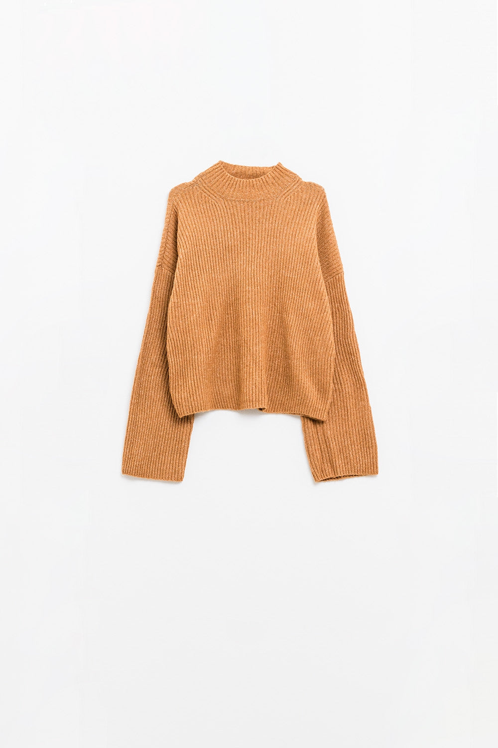 relaxed camel ribbed high neck sweater - jumper