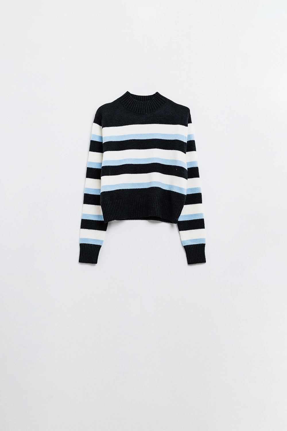 Black sweater with blue and white stripes and a high neck - jumper
