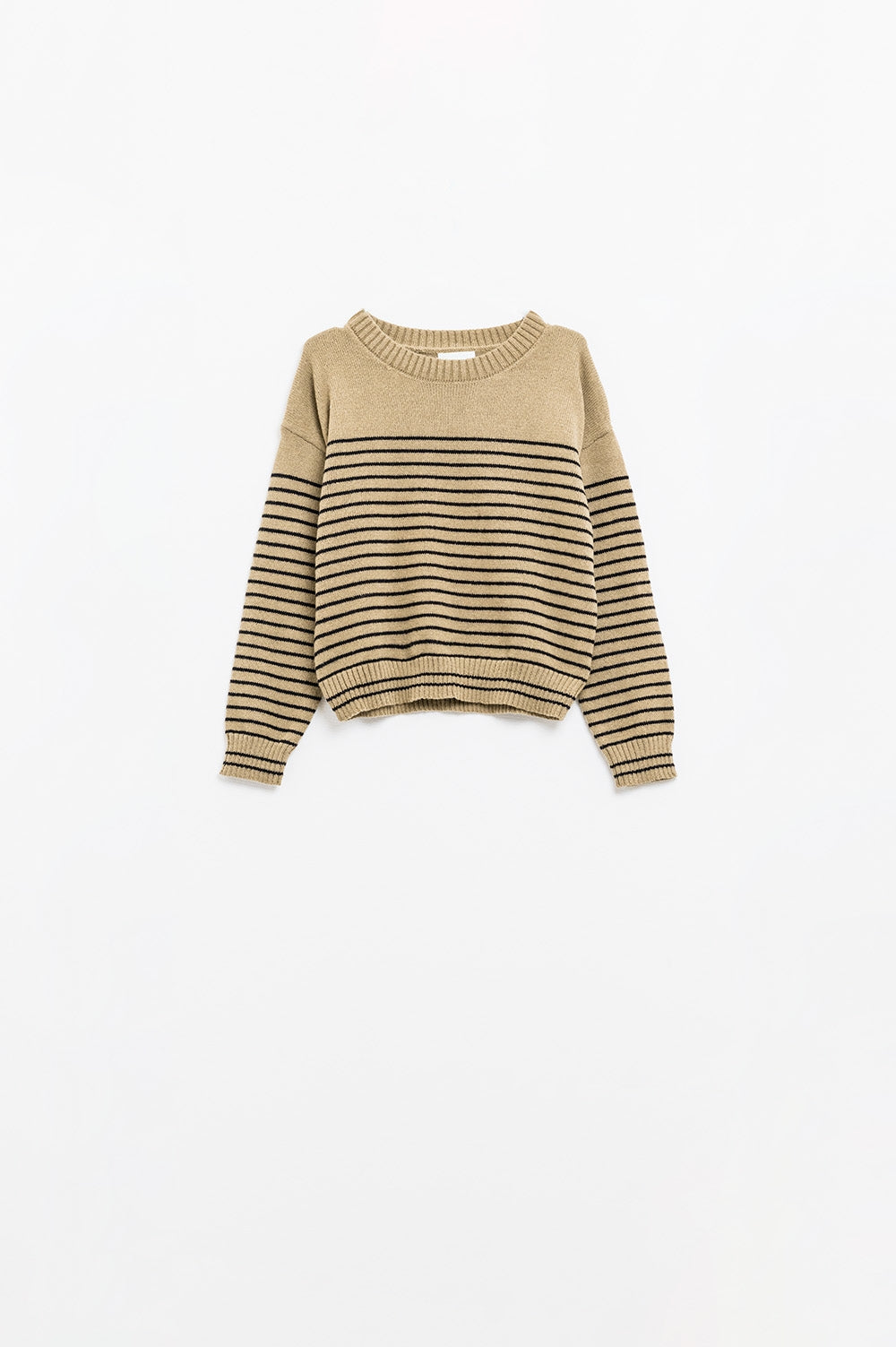 Beige sweater with black stripes and boat neck - jumper