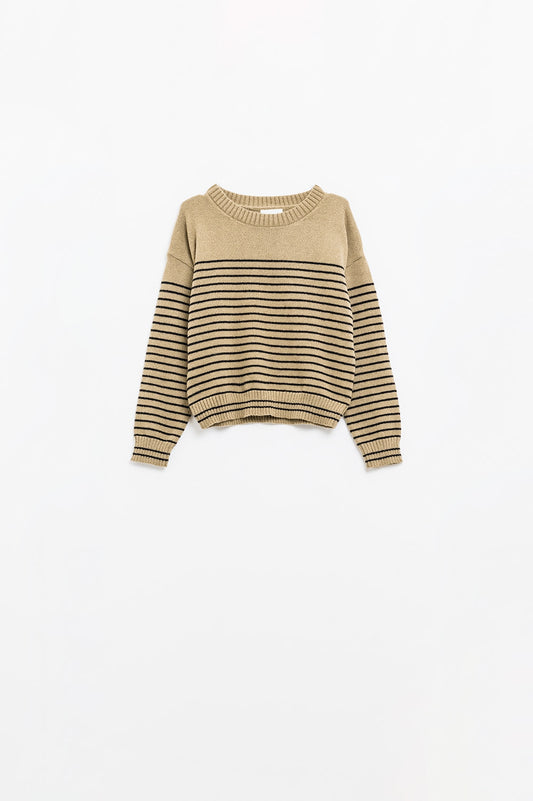 Beige sweater with black stripes and boat neck - jumper