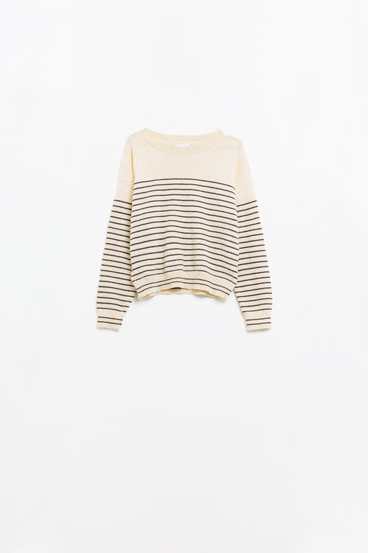 Cream sweater with brown stripes and boat neck - jumper