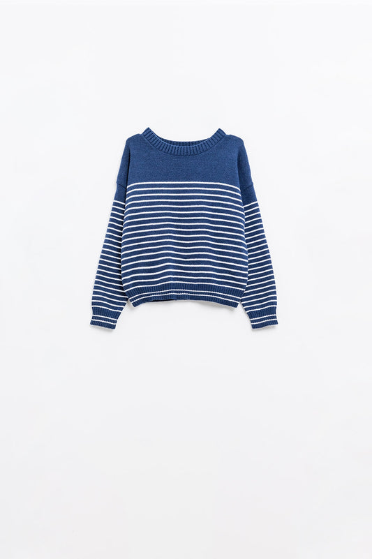 navy sweater with white stripes and boat neck - jumper