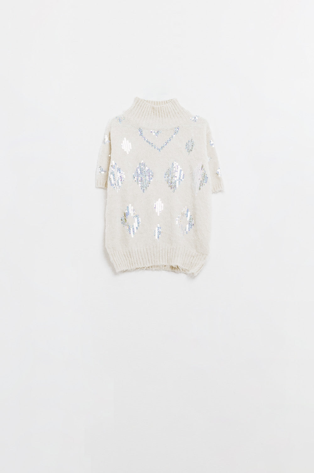 Cream short sleeve sweater with sequin embellishment