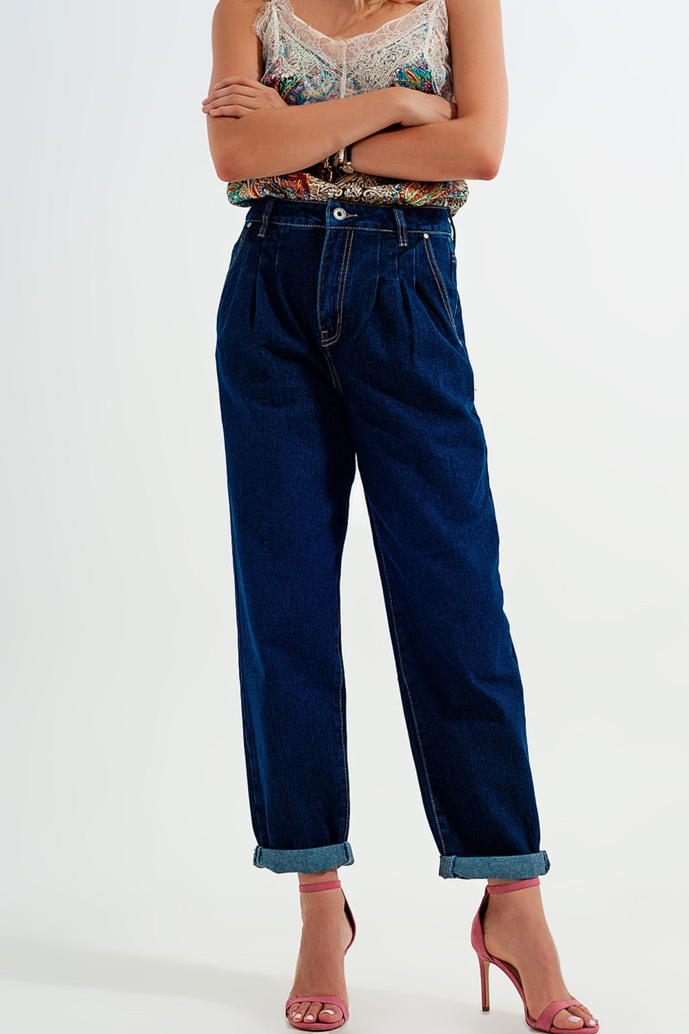 Relaxed fit pleat front jeans in dark blue - Denim