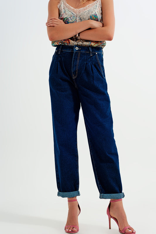 Relaxed fit pleat front jeans in dark blue - Denim