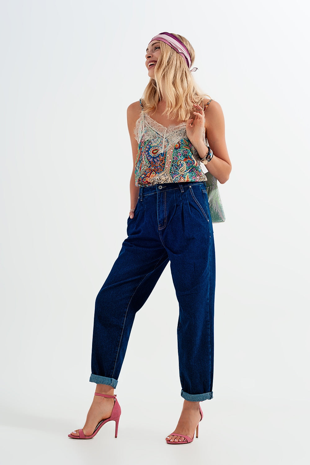 Relaxed fit pleat front jeans in dark blue - Denim