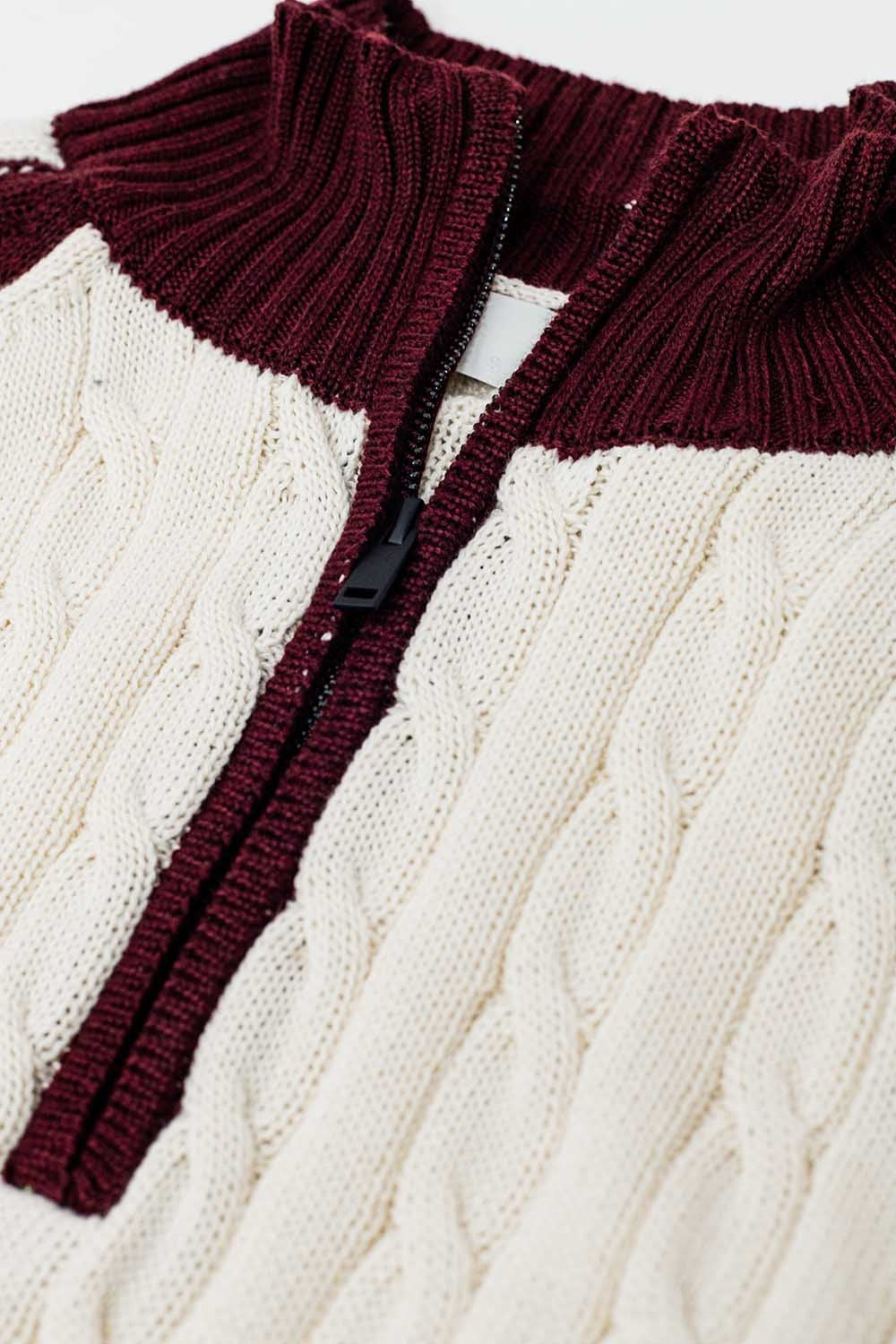 cropped white and burgundy sweater with neck zipper