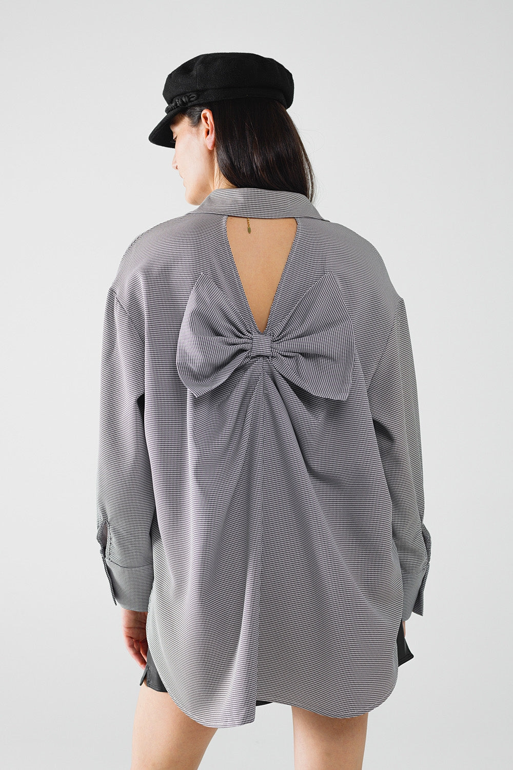 Oversize Gingham Shirt With Bow Detail in Black and White - Shirts