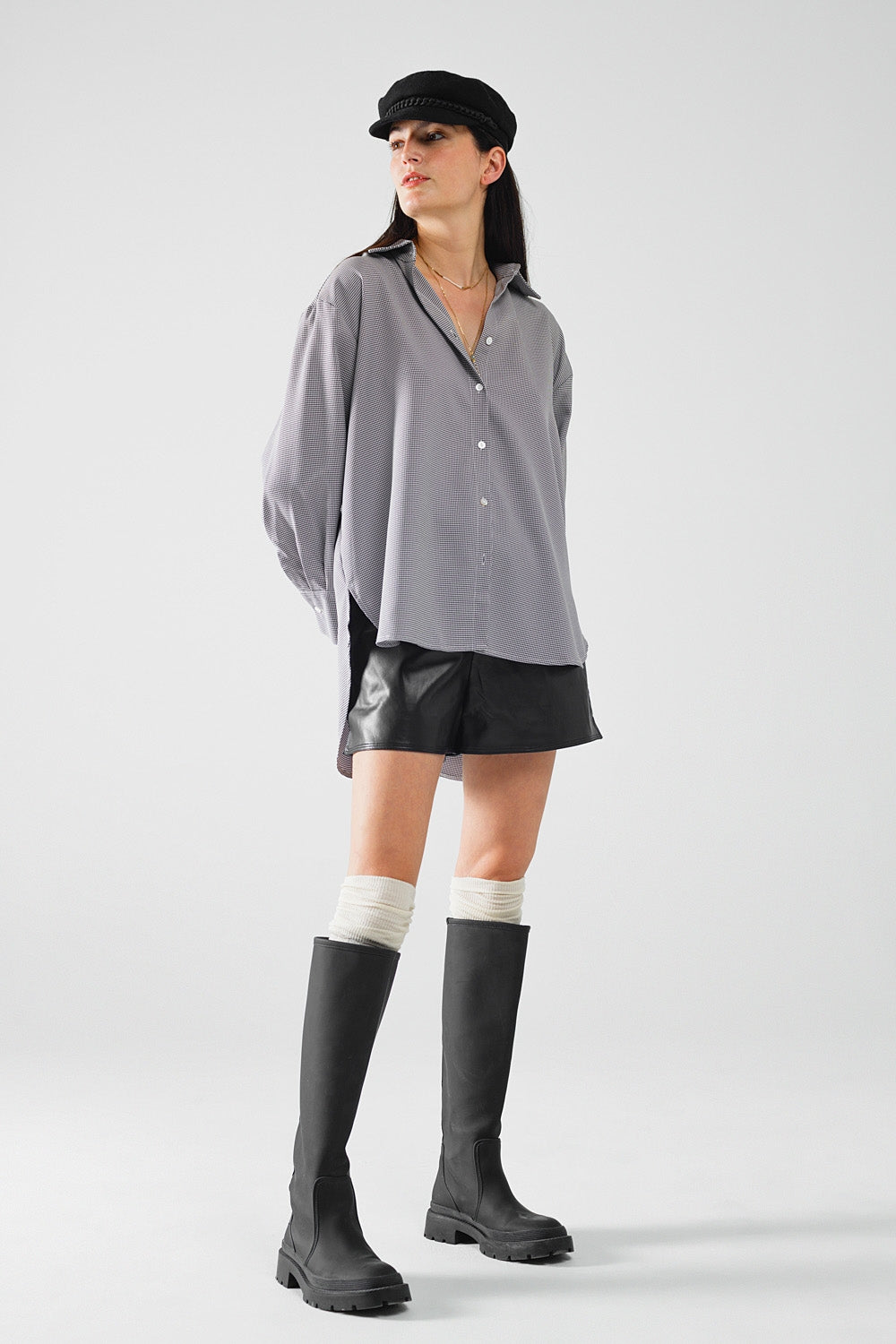 Oversize Gingham Shirt With Bow Detail in Black and White - Shirts