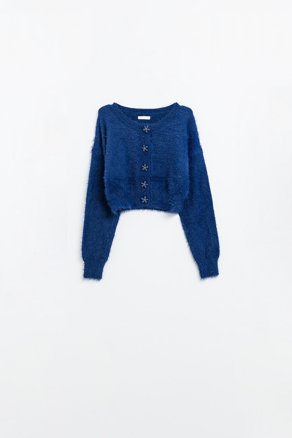 Short and fluffy navy cardigan with flower buttons - Cardigans