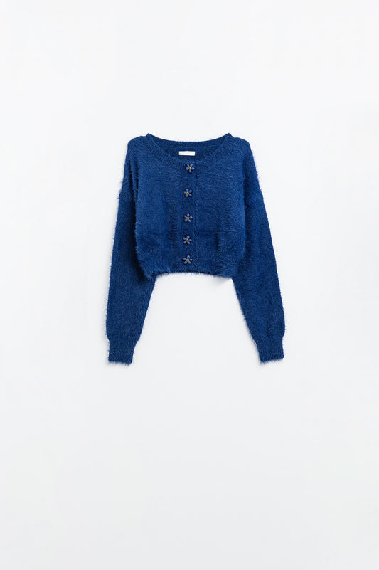 Short and fluffy navy cardigan with flower buttons - Cardigans