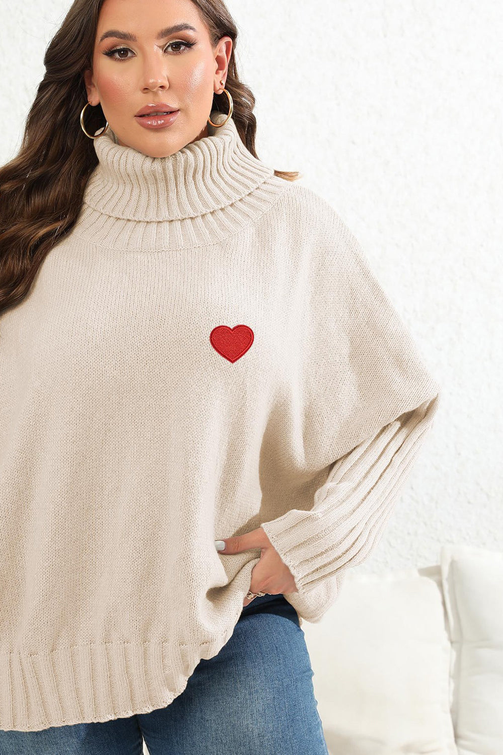 Plus Size Turtle Neck Jumper with Heart Patch - Sweaters