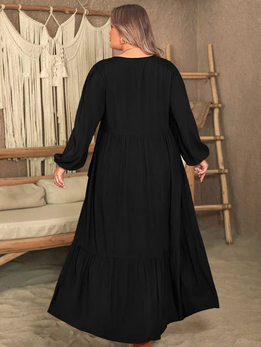 Plus Size Ruffled V-Neck Long Sleeve Dress -