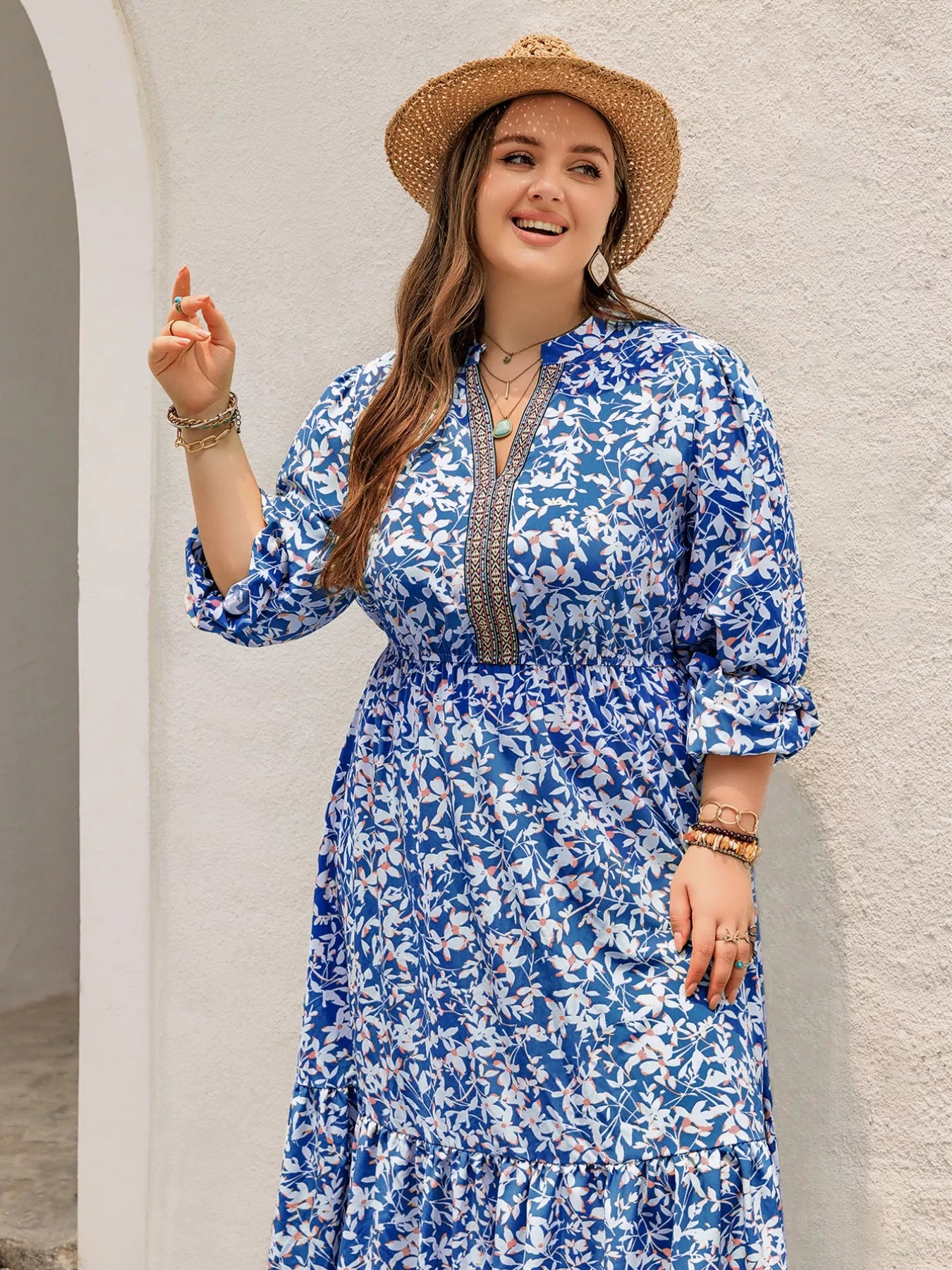 Plus Size Floral Print Bohemian Maxi Dress Blue -