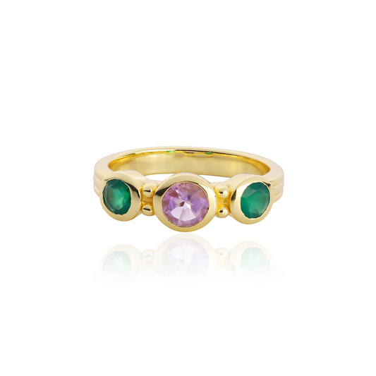 Iris Three Gemstones Ring Green Onyx & Amethyst - Rings