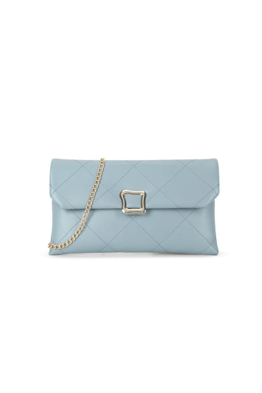 Grey Blue Faux Leather Clutch Bag with Chain Strap - Bags